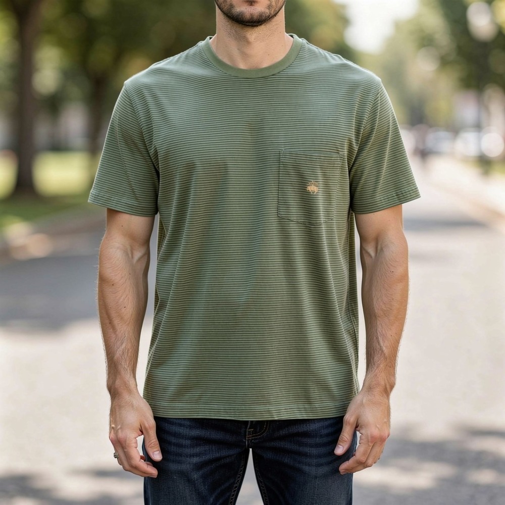 Brooks Brothers 346 Mens Small Green Striped Pocket T-Shirt Cotton Golden Fleece